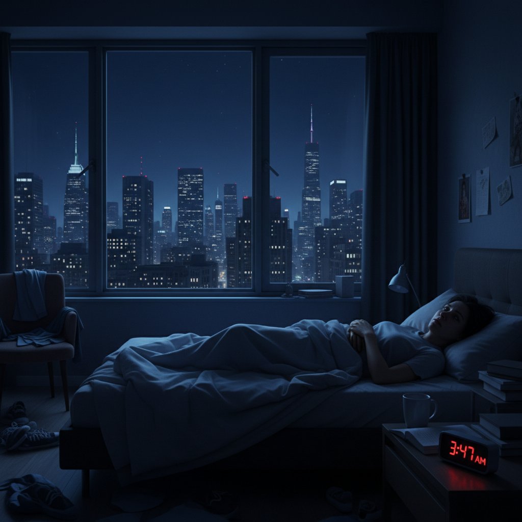 Osoba leżąca bezsennie w łóżku w polskim mieszkaniu nocą, przy zgaszonym świetle i widokiem na miasto przez okno, pokazująca frustrację bezsennością