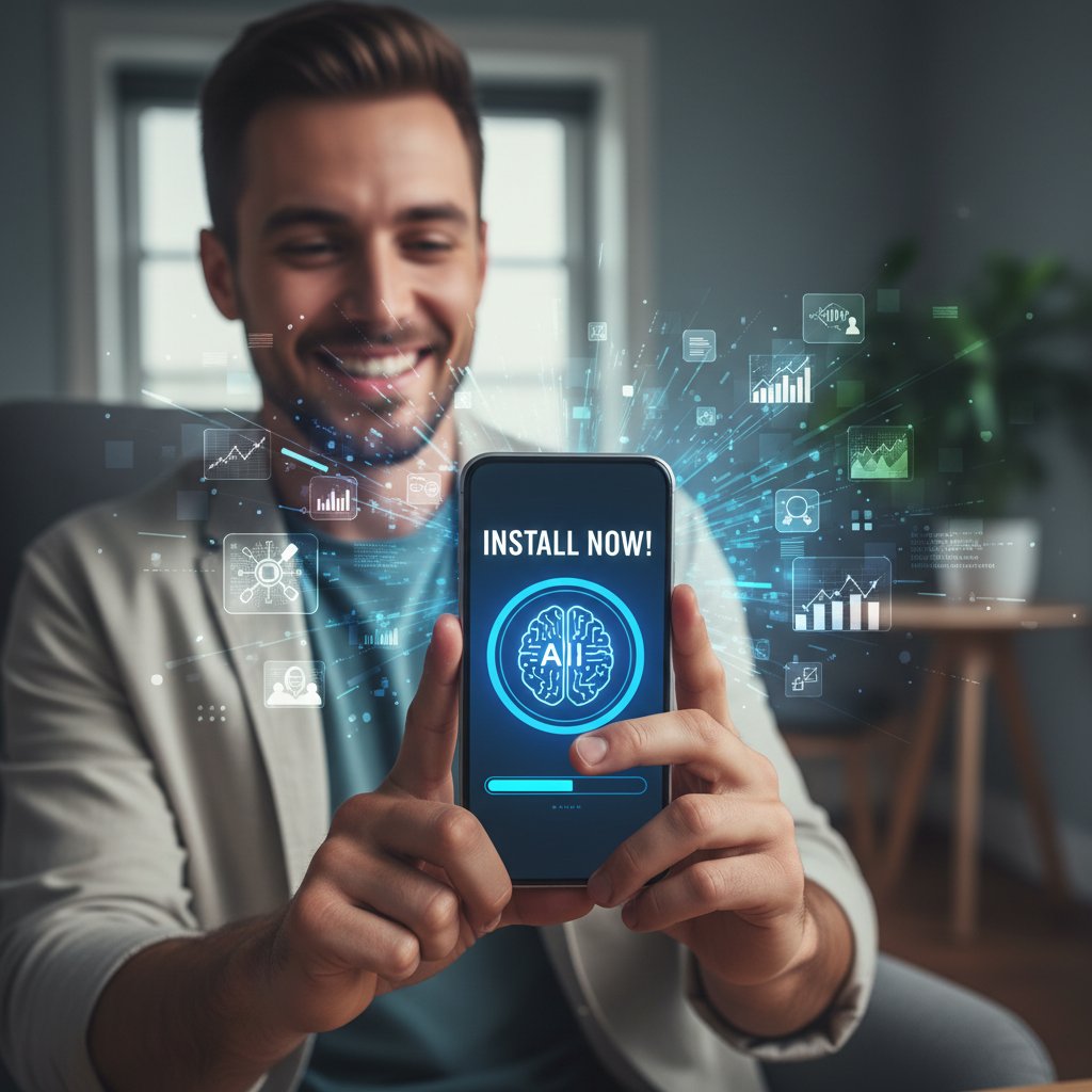 Osoba instalująca aplikację na smartfonie, ekran z kolorową ikoną AI, nastrój entuzjazmu