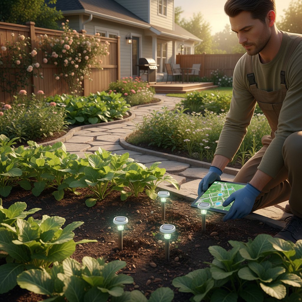 Schemat rozmieszczenia czujników w ogrodzie — ilustracja osoby instalującej czujniki w różnych częściach ogrodu