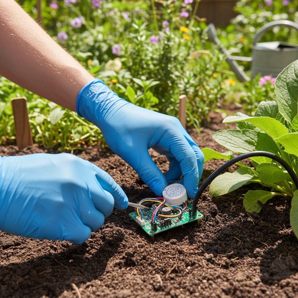 Zbliżenie na osobę montującą czujnik wilgotności powietrza w ogrodzie, widoczne podzespoły elektroniczne