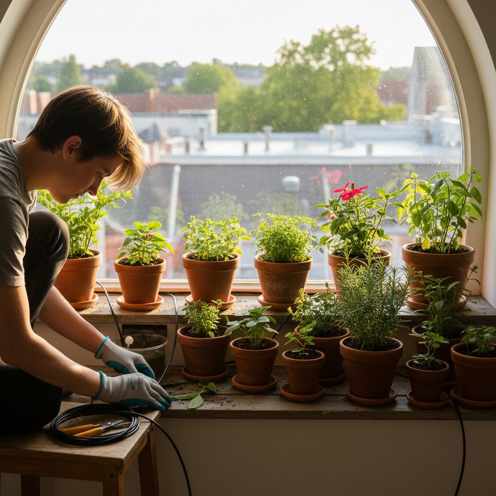 Osoba montująca rurki nawadniające w doniczkach na parapecie
