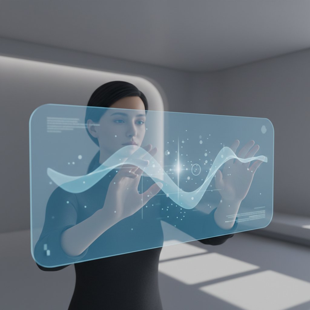 Minimalistyczne zdjęcie osoby korzystającej z cyfrowego interfejsu AI, niebieska poświata, intymna atmosfera