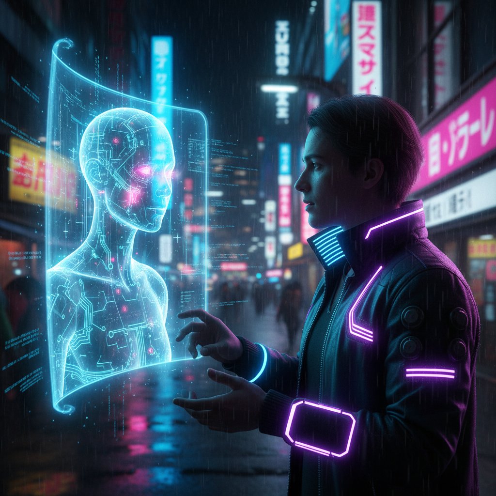 Osoba intensywnie rozmawiająca z cyfrową postacią AI na ekranie w neonowej scenerii