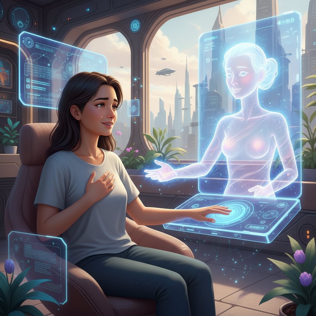 Osoba rozmawiająca z wirtualnym doradcą AI, wsparcie emocjonalne online, innowacyjne technologie