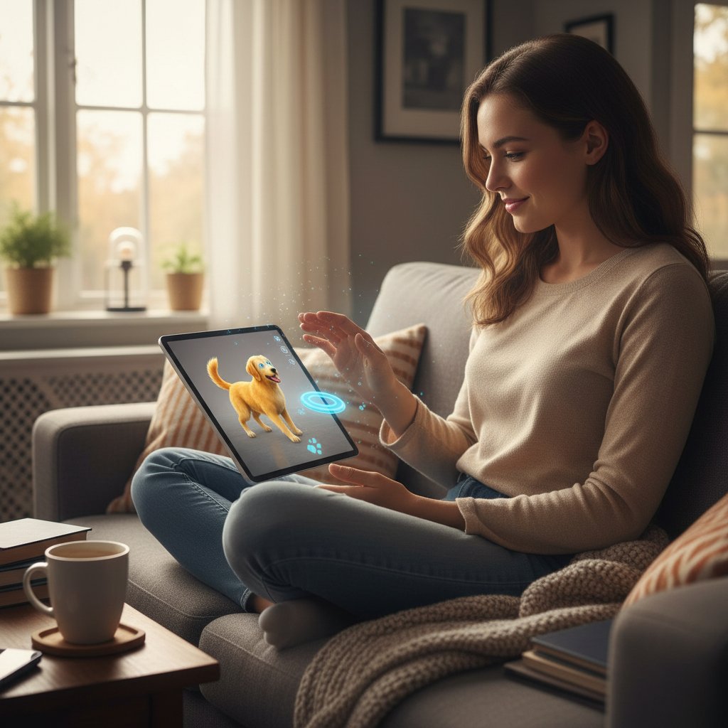 Person interagiert mit digitalem Hundebegleiter auf Tablet; Alltagstest einer virtuellen Hunde App