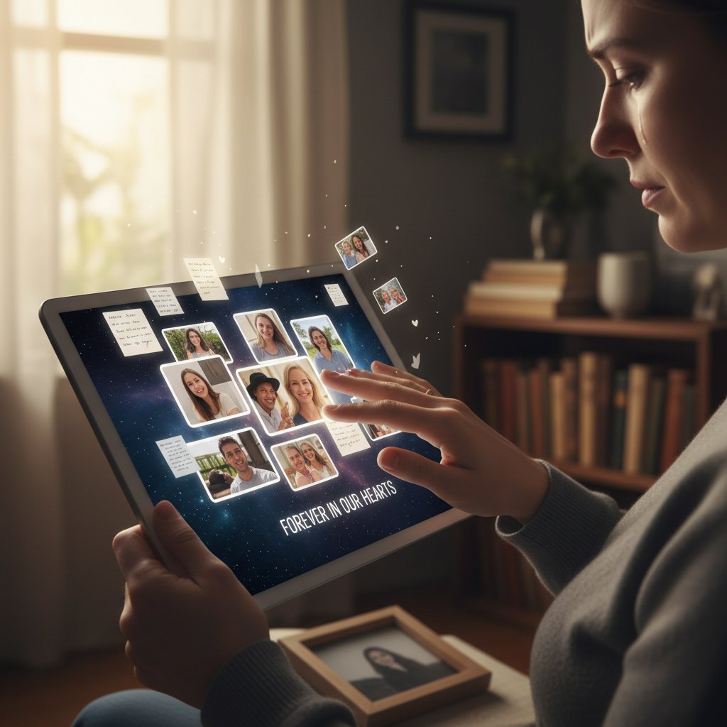 A reflective, emotional photo showing a person interacting with a digital memorial collage on a tablet, surrounded by keepsakes