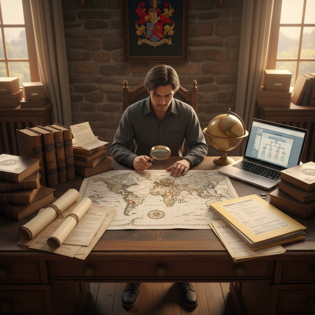 Osoba prowadząca międzynarodowe poszukiwania genealogiczne, mapy i dokumenty na stole