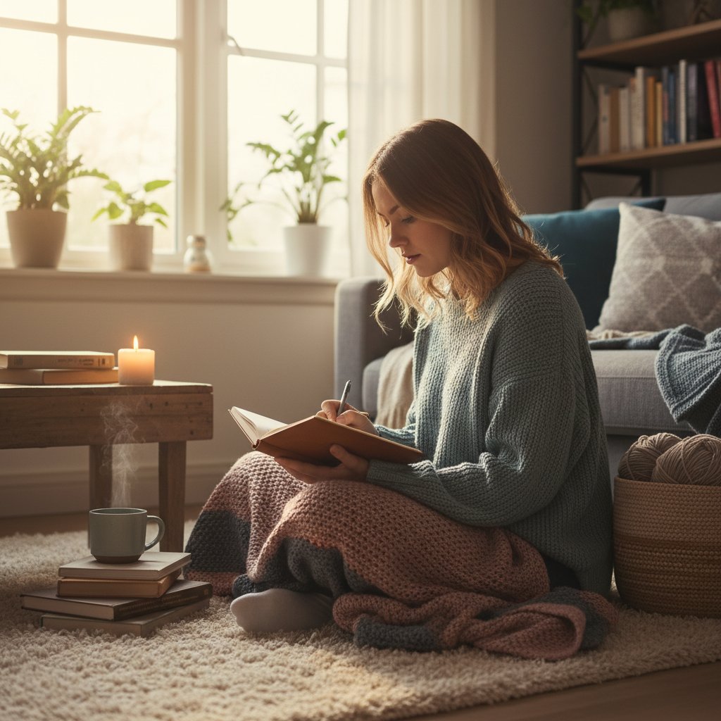 Osoba zapisująca swoje pomysły na hobby, refleksyjne notatki w przytulnym domowym otoczeniu, miękkie światło