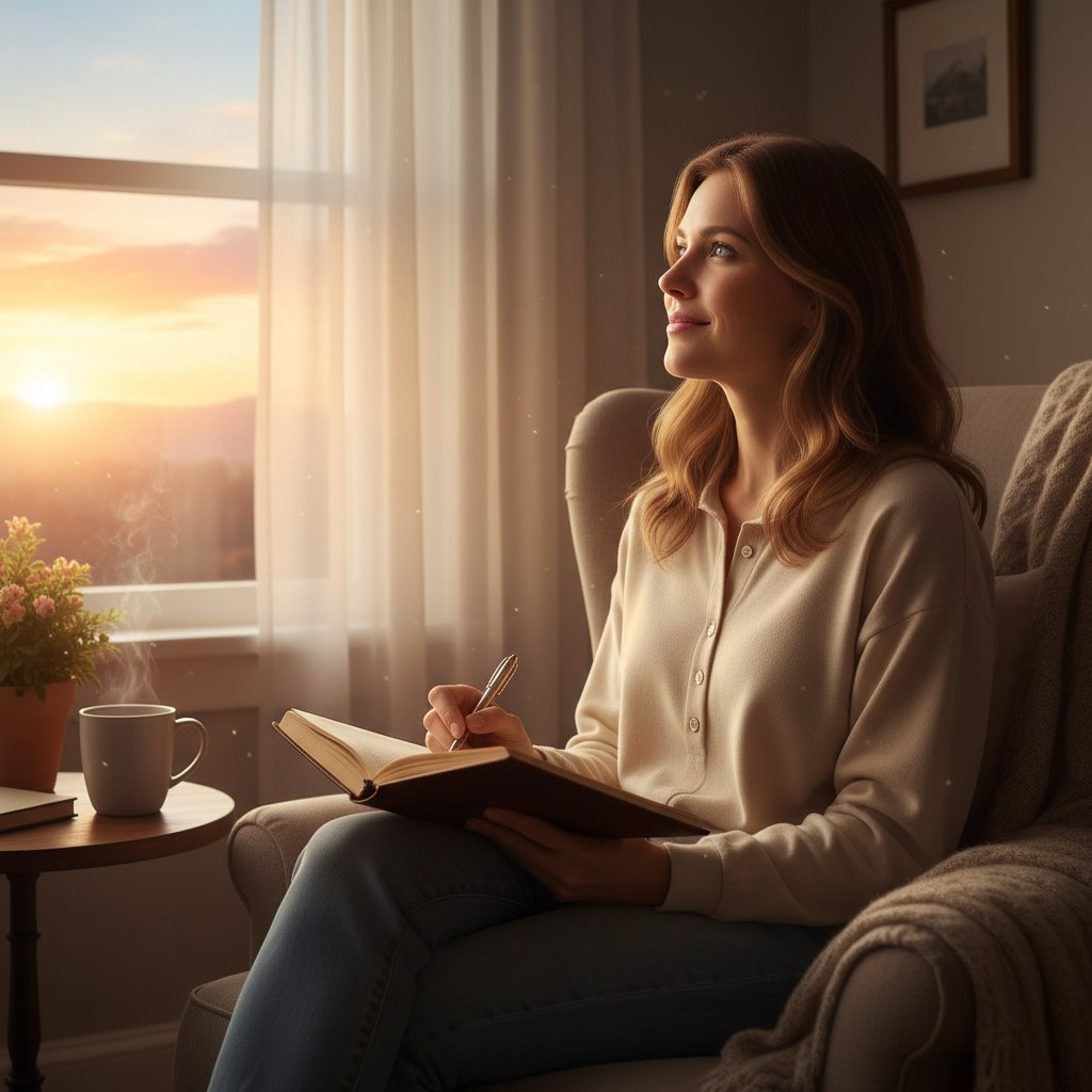 Portret osoby notującej w dzienniku o świcie, subtelne światło, nadzieja