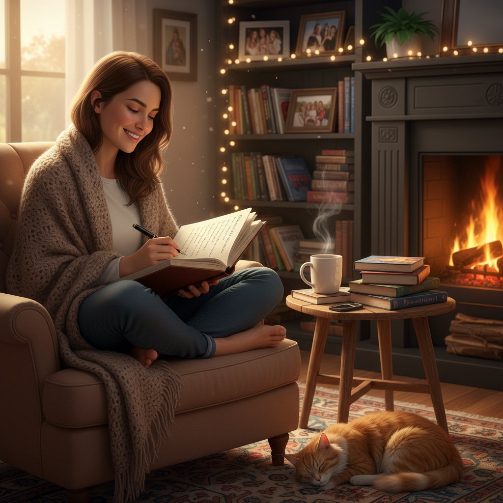 Person journaling favorite comedy moments, cozy setting, comedy self-assessment, lifestyle image