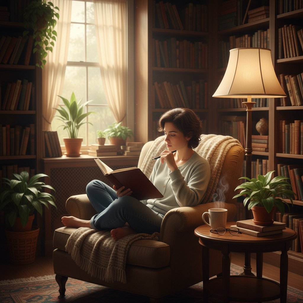 Osoba zapisująca przemyślenia w domowej bibliotece