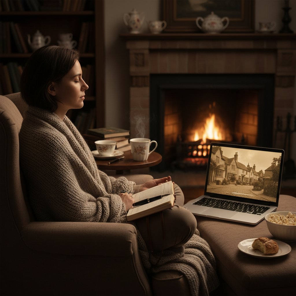Person journaling or meditating after a cozy mystery film