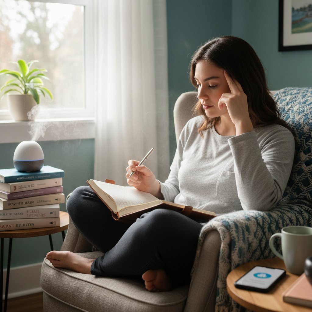 Osoba zapisująca swoje emocje w notatniku, spokojny wyraz twarzy, temat: pierwsza pomoc psychologiczna