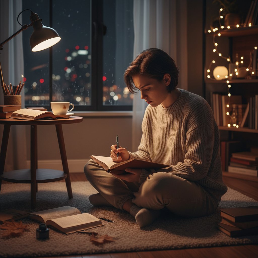 Osoba pisząca dziennik w nocy, atmosfera refleksji i autorefleksji, podkreślająca wagę pracy własnej