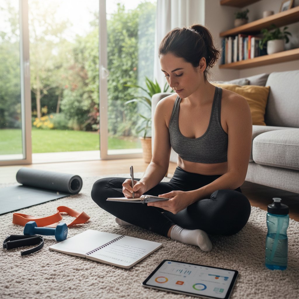 Notatki po treningu, osoba zapisuje swoje wrażenia i cele w zeszycie, trening w domu bez sprzętu