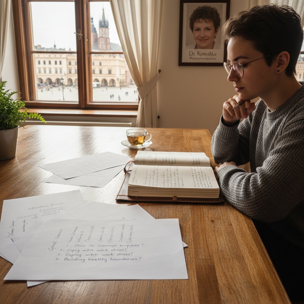 Osoba przygotowująca pytania do pierwszej sesji terapeutycznej