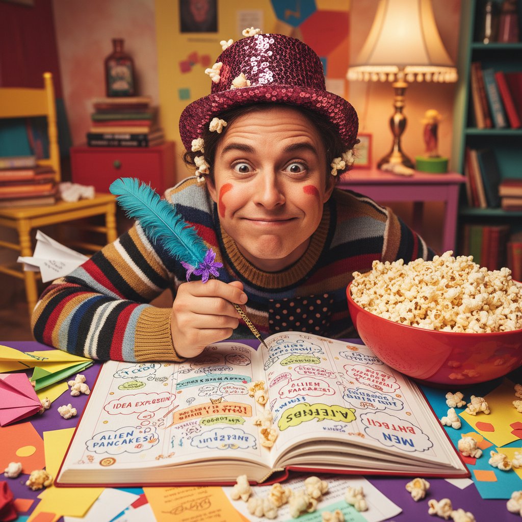 Viewer taking notes on acquired taste comedy, colorful notes and popcorn in frame