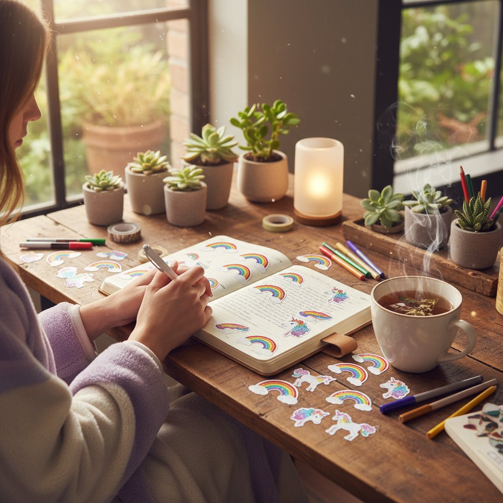 Osoba pisząca dziennik z tęczowymi naklejkami – ćwiczenia z terapii queer