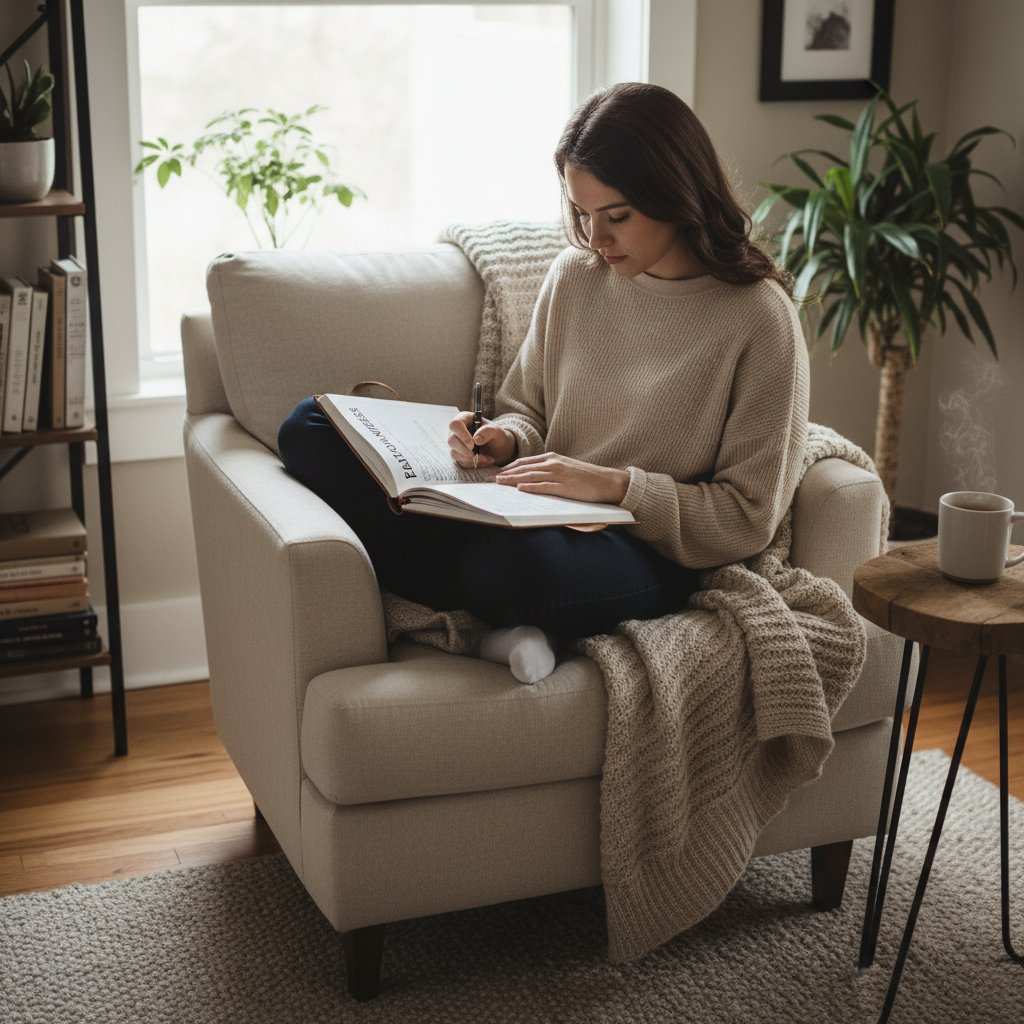 Person journaling to reflect on relationship readiness, cozy space, first-relationship self-assessment, reflection