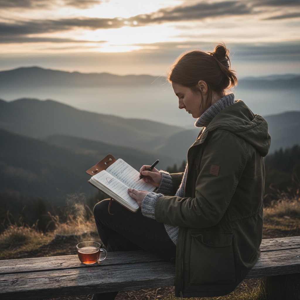 Osoba pisząca dziennik o wschodzie słońca – refleksja nad przyjaźnią, rozwój osobisty, samopoznanie