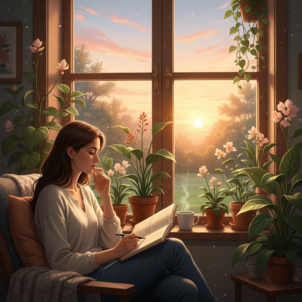 Osoba pisząca dziennik o świcie, ćwiczenia refleksyjne