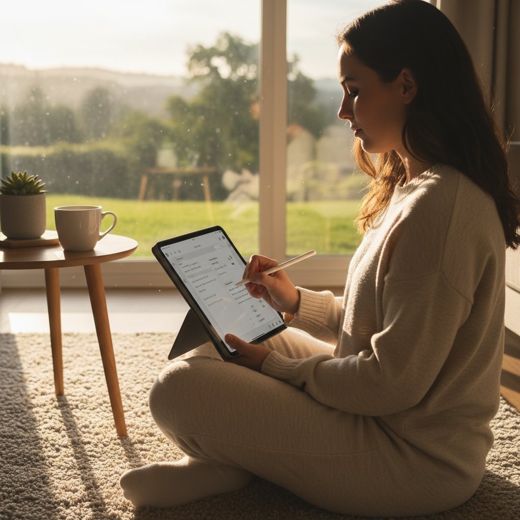 Wissen aus digitaler Psychoedukation in den Alltag übertragen, Person schreibt Tagebuch neben Tablet im Sonnenlicht