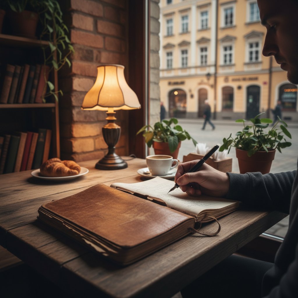 Osoba pisząca dziennik w kawiarni na polskiej starówce