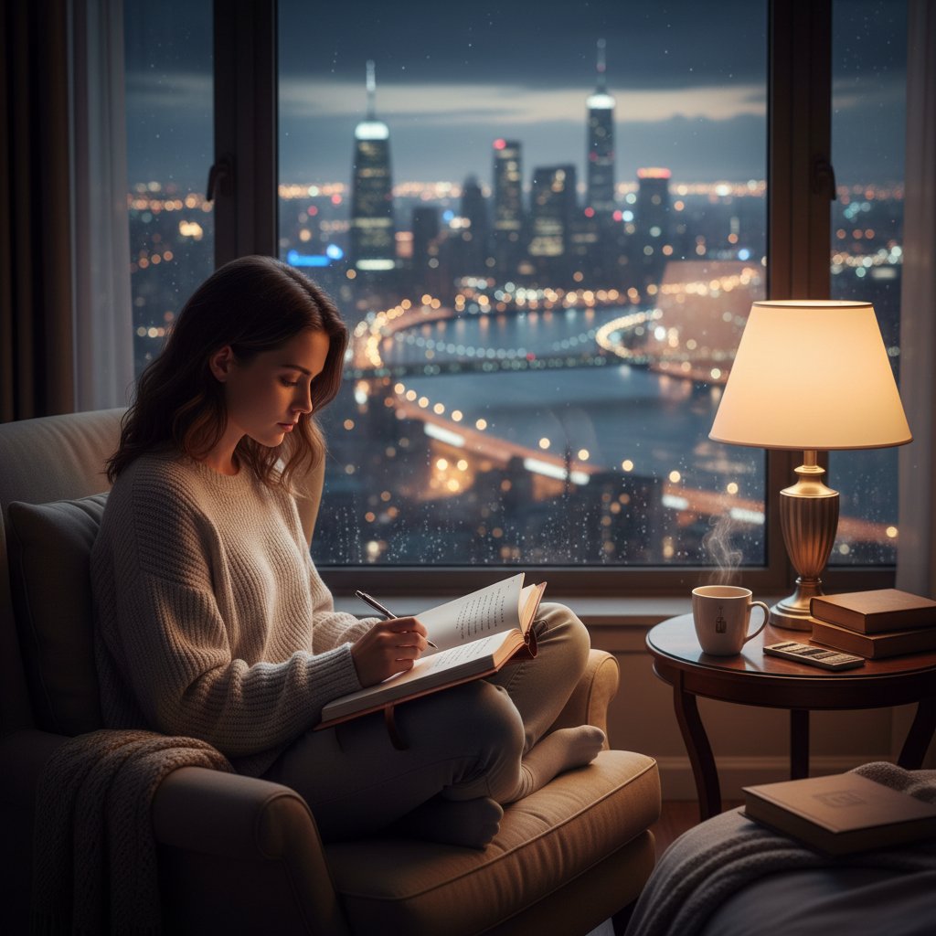 Osoba prowadząca dziennik jako ćwiczenie kongruencji, wieczorem przy oknie z widokiem na miasto