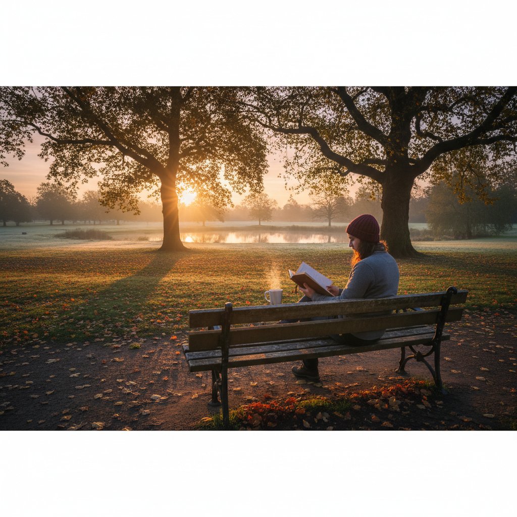 Osoba pisząca dziennik w parku o wschodzie słońca, refleksja nad codziennymi problemami, rozwój osobisty