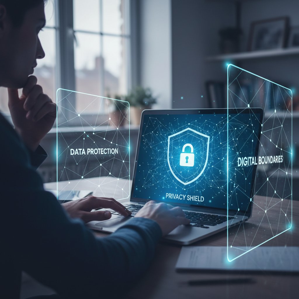 Osoba pracująca na laptopie, w tle symbole zabezpieczeń i danych, ilustracja cyfrowej terytorialności