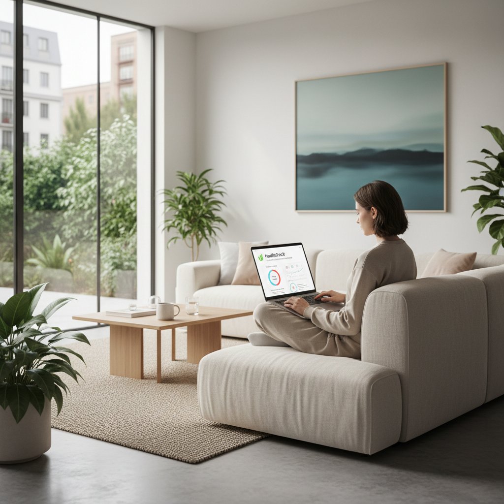 Osoba korzystająca z laptopa w domowym wnętrzu, ekran wyświetla aplikację zdrowotną, atmosfera nowoczesności