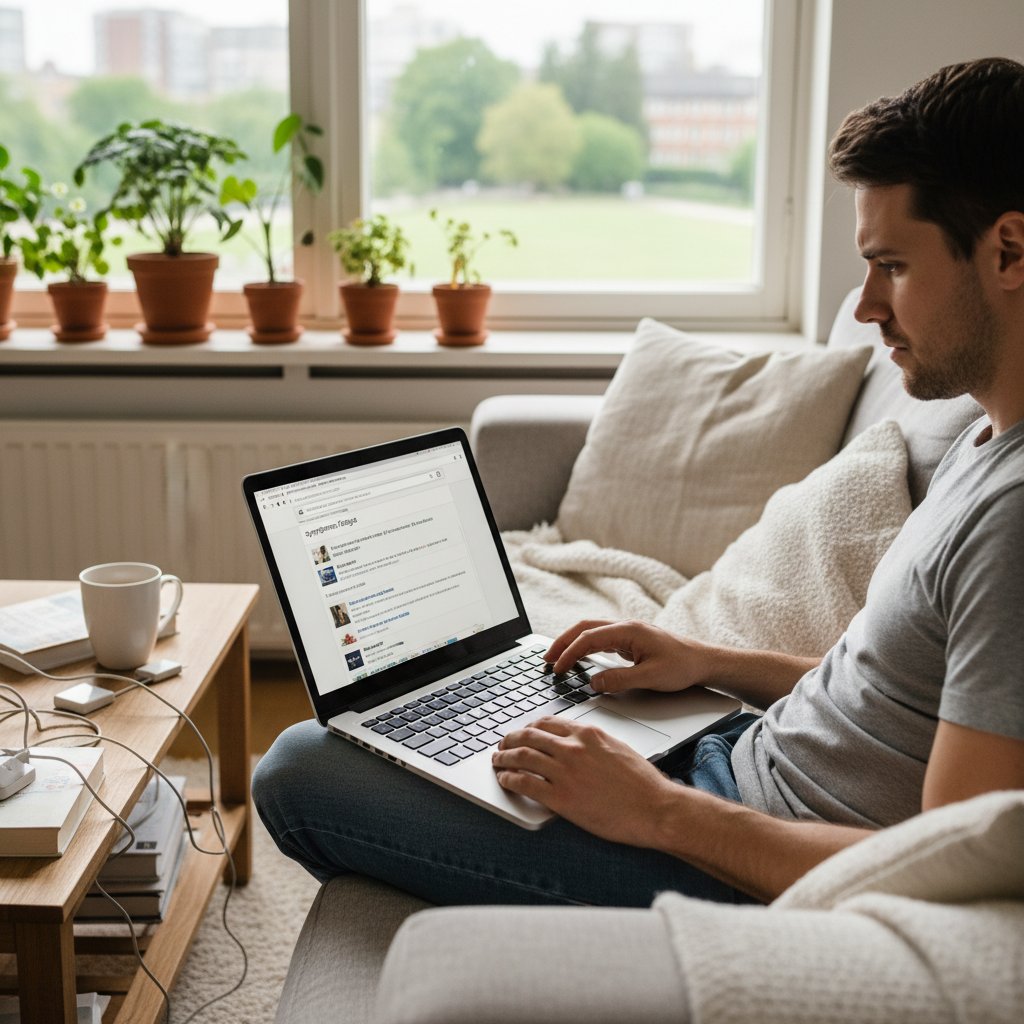 Osoba korzystająca z laptopa w domowym wnętrzu – symbol poszukiwania wiedzy w internecie