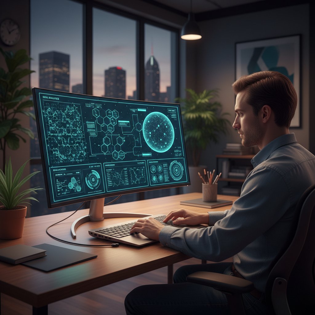 Osoba korzystająca z nowoczesnego laptopa, na ekranie widoczny interfejs narzędzia do analizy informacji