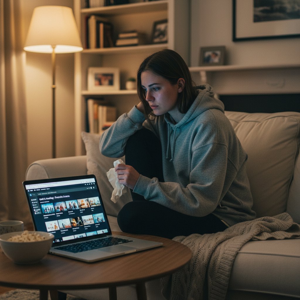 A person uses a laptop, reviewing personalized movie recommendations for grief movies