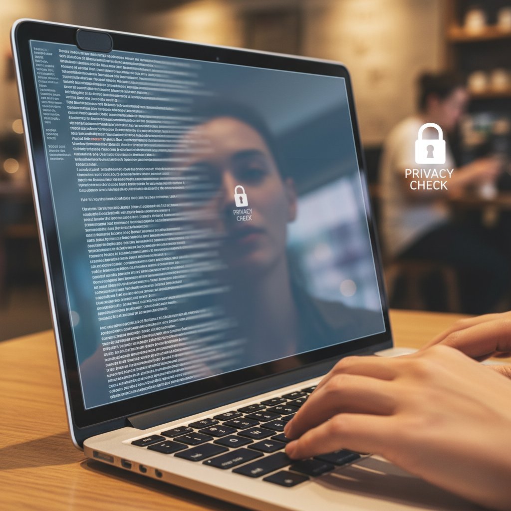Nahaufnahme: Person prüft Datenschutzrichtlinien am Laptop, Fokus auf Privatsphäre-Check