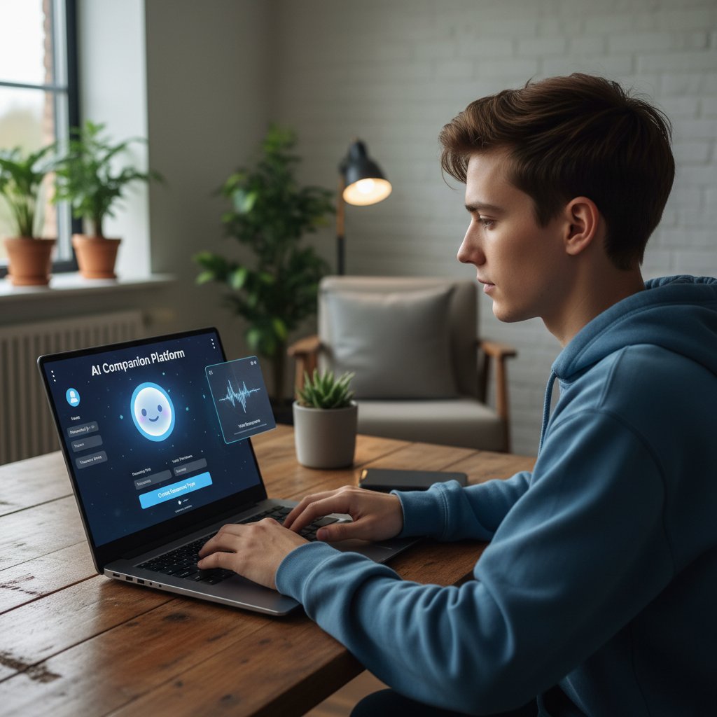 Person sitzt an einem Laptop und richtet Profil auf einer KI-Partnerin-Plattform ein