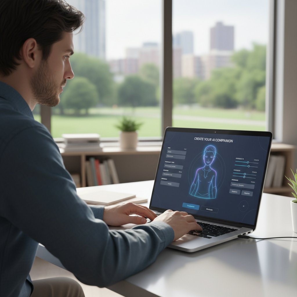 Osoba konfigurująca profil na laptopie, ekran z opcjami wyboru wirtualnego partnera – motyw personalizacji AI