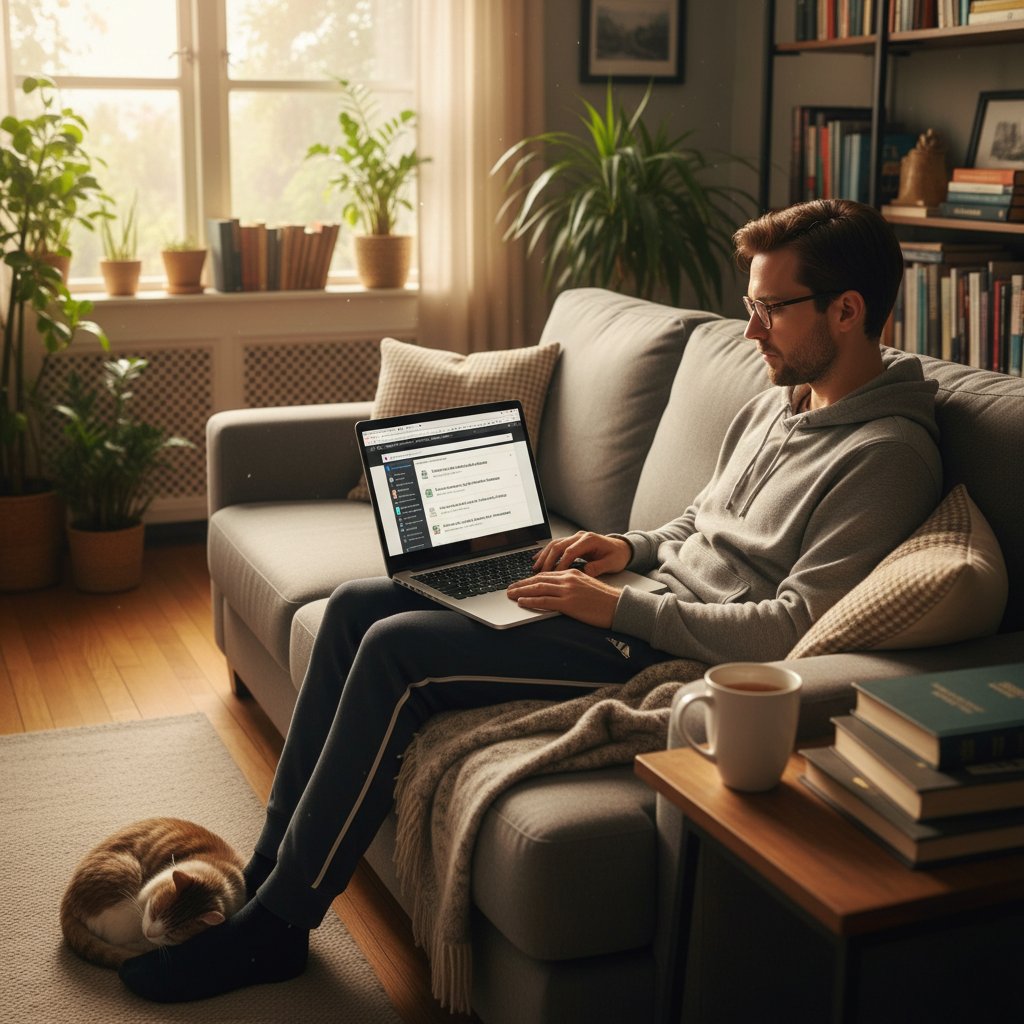 Osoba czytająca artykuły medyczne na laptopie, otoczenie domowe, atmosfera skupienia