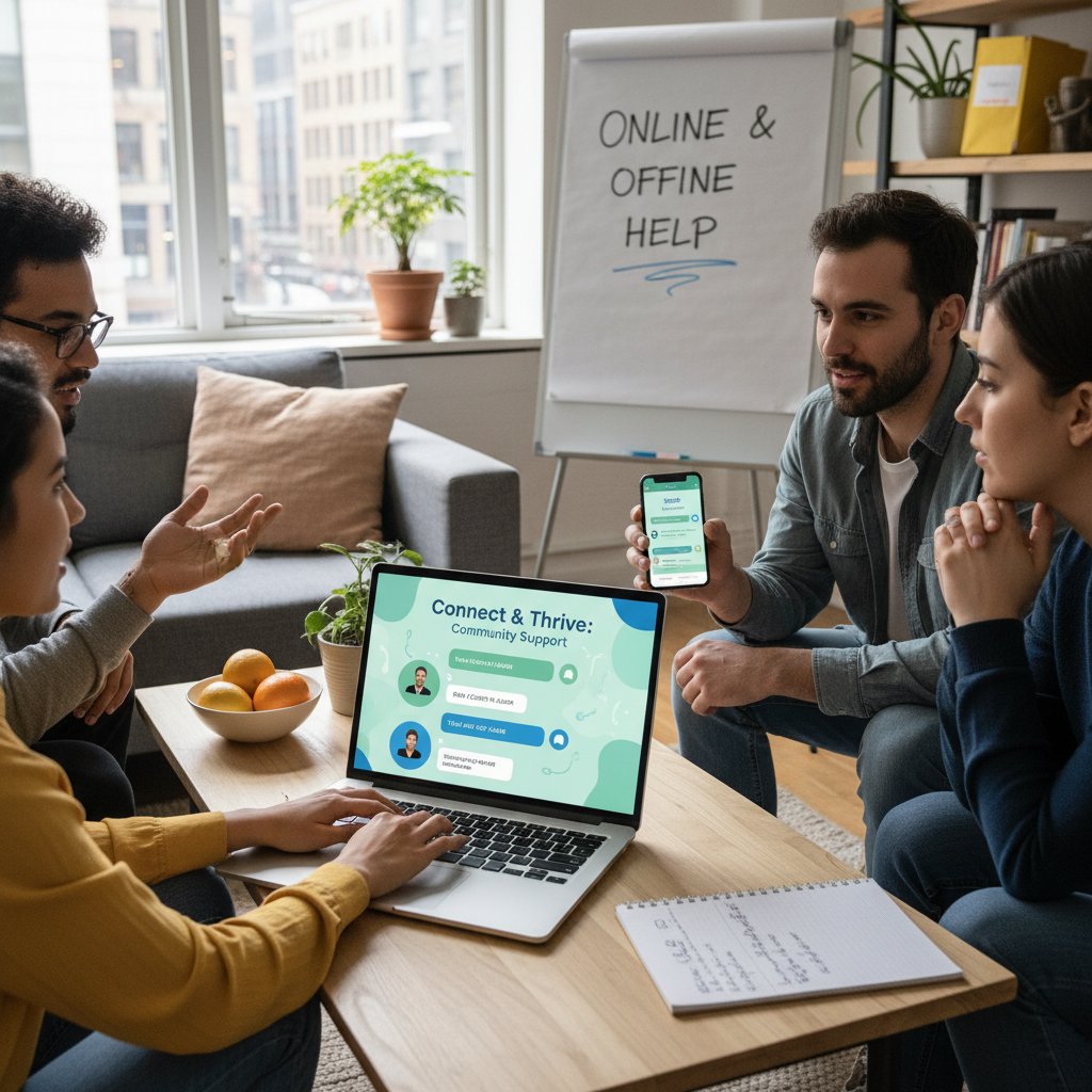 Kolaż: osoba korzystająca z laptopa, smartfon z aplikacją wsparcia, uśmiechnięte twarze w grupie – wsparcie online i offline w OCD