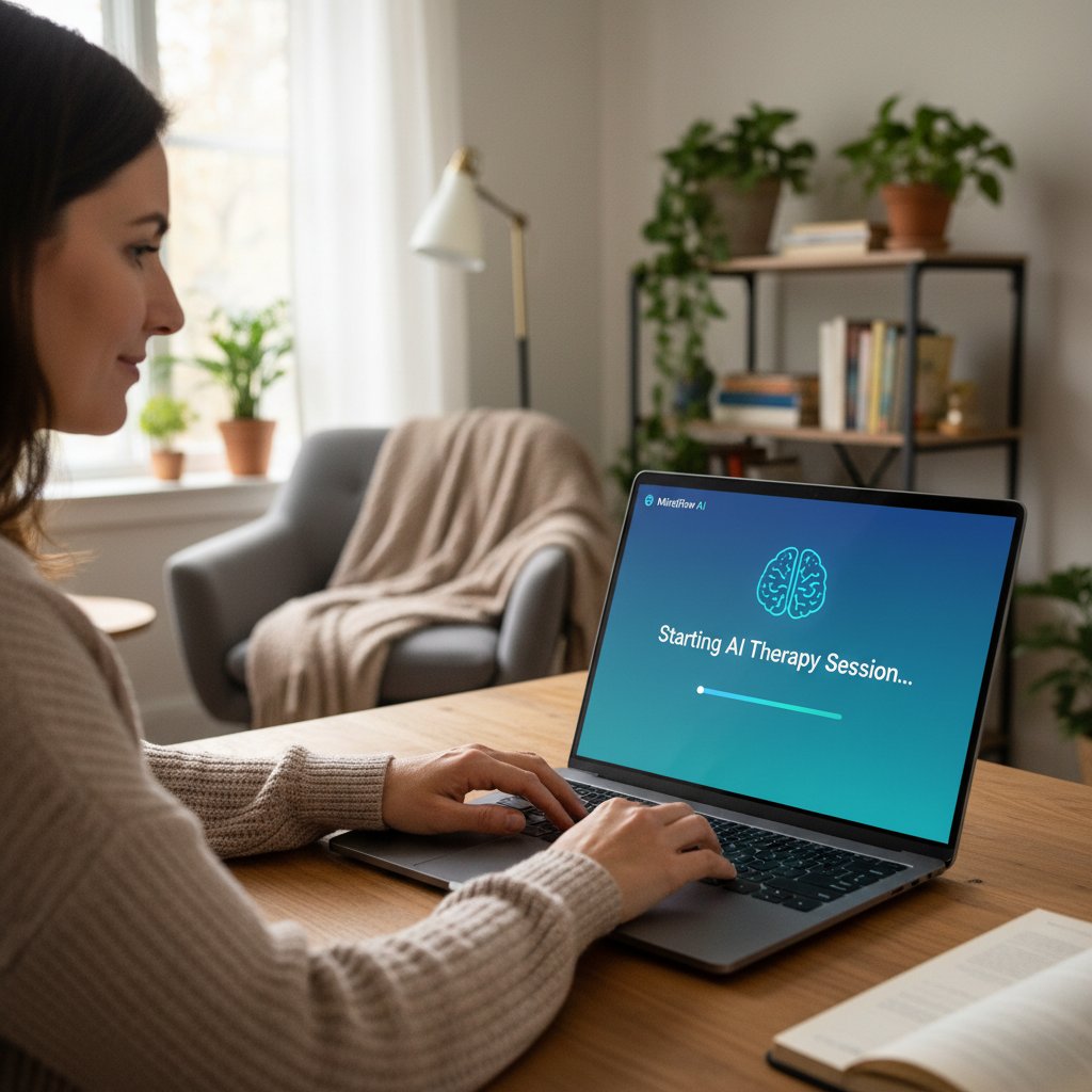 Osoba siedzi przy biurku z laptopem, zaczyna korzystać z aplikacji AI do terapii