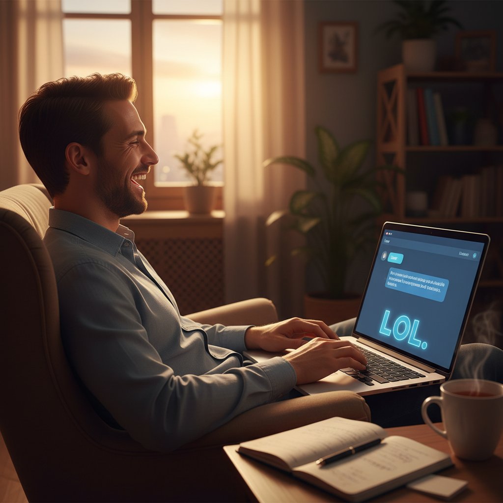 Osoba śmiejąca się do ekranu laptopa podczas rozmowy z AI, wieczór, mieszkanie