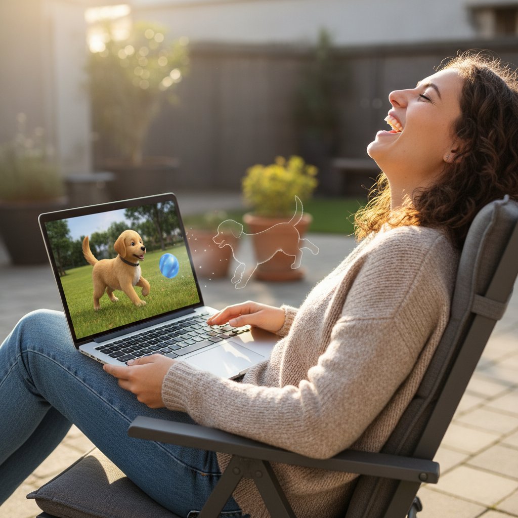Osoba śmiejąca się do ekranu laptopa podczas rozmowy z wirtualnym pieskiem