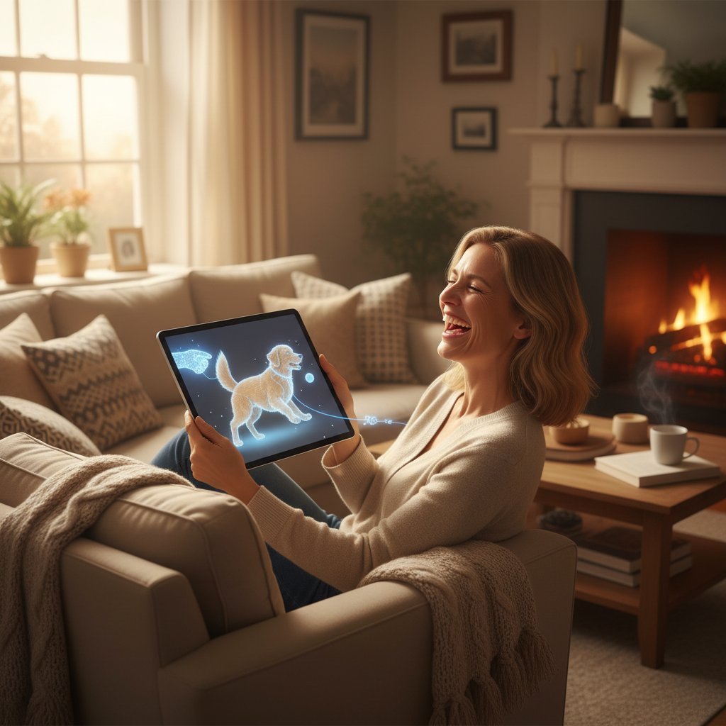 Ciepłe, przytulne zdjęcie osoby śmiejącej się z wirtualnym psem na tablecie w domowym wnętrzu, wieczorne światło
