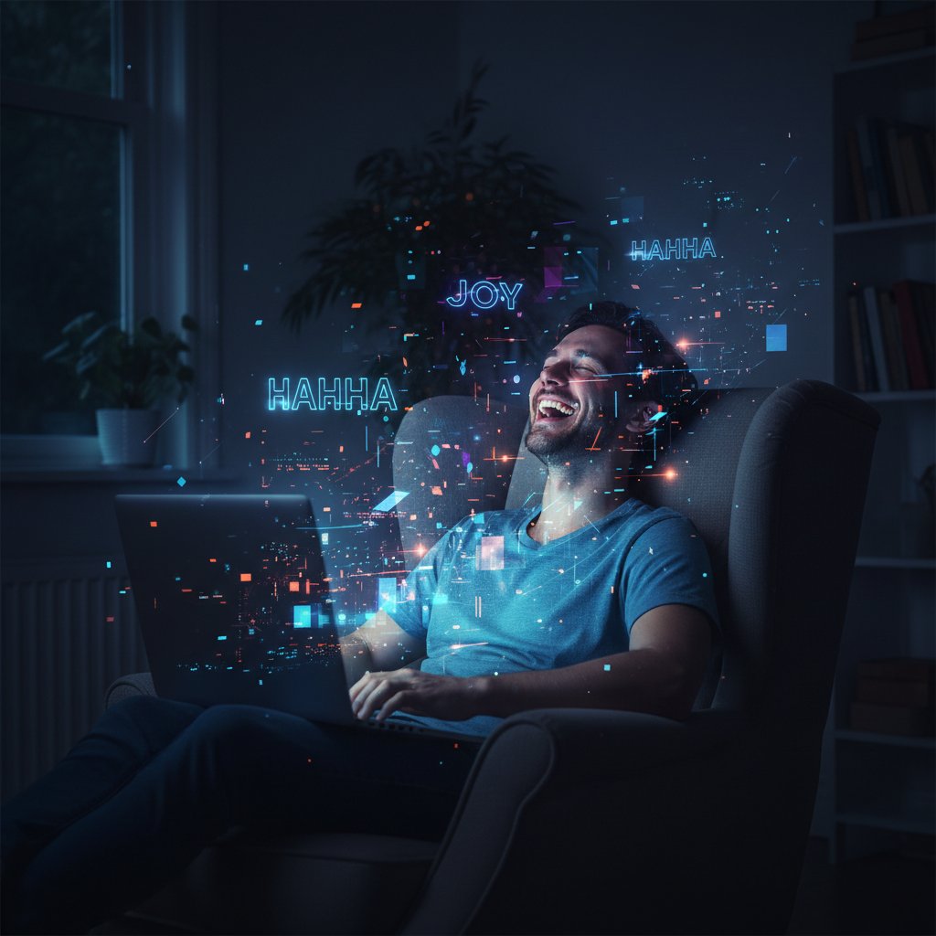 Samotna osoba śmiejąca się do ekranu laptopa nocą, ilustracja psychologii śmiechu w internecie, słowo kluczowe: śmiech przez internet