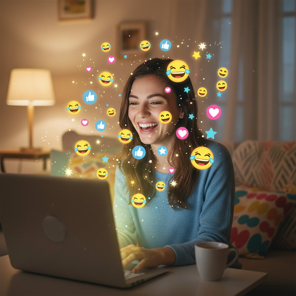 Osoba śmiejąca się do ekranu, otoczona kolorowymi emotikonami, atmosfera radości