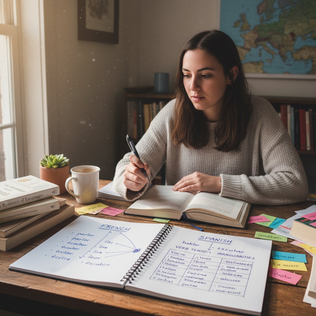 Osoba ucząca się włoskiego, porównująca notatki z kilku języków romańskich