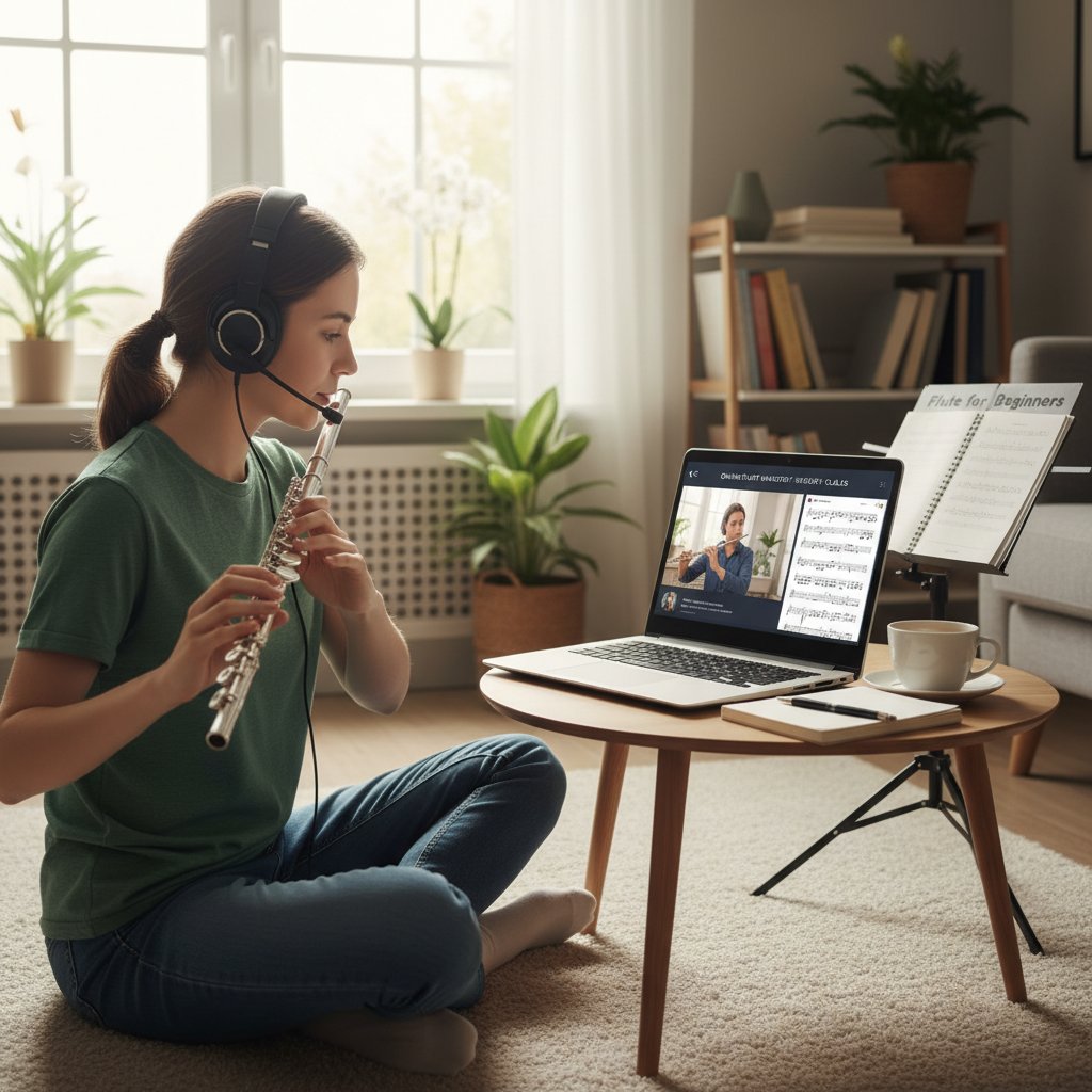 Osoba ucząca się gry na flecie z laptopem, samodzielna nauka online, start od zera