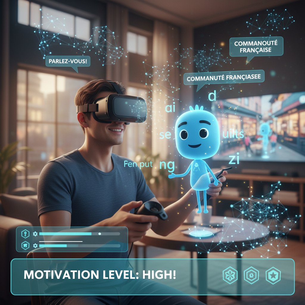Osoba ucząca się francuskiego w wirtualnej rzeczywistości, dynamiczna scena, elementy AI i społeczności, motywacyjna atmosfera