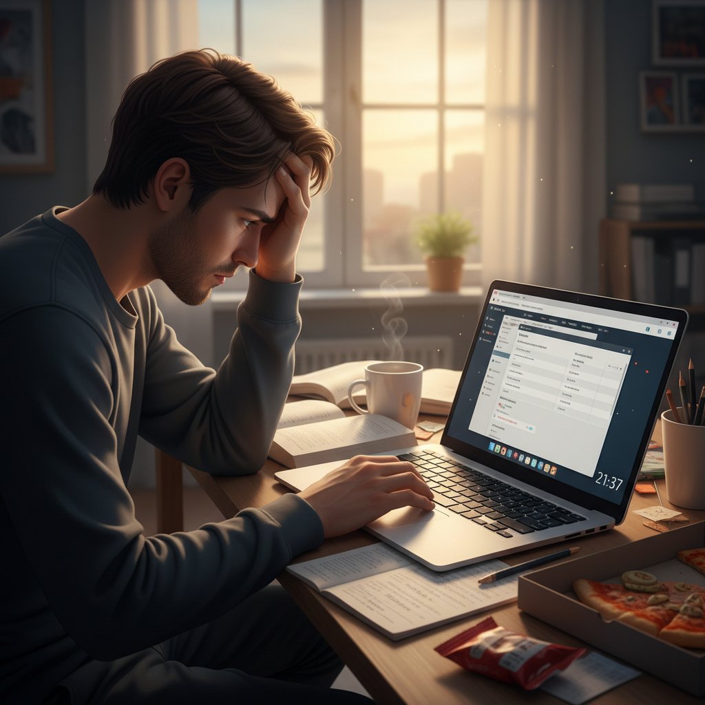 Osoba ucząca się niemieckiego online, z widocznym niepokojem na twarzy, laptop, wieczorne światło, klimat napięcia