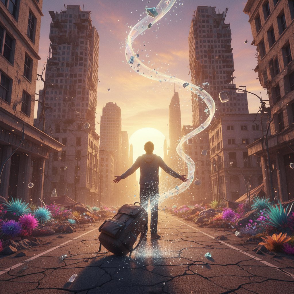 Osoba porzucająca ciężki plecak na pustej ulicy o świcie, symbol ulgi od presji